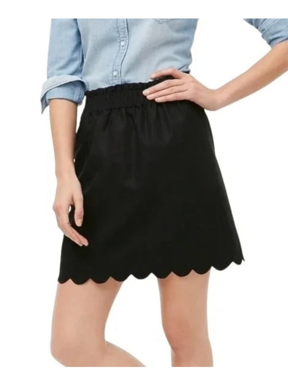 J. Crew Black Linen Skirt elastic waist pull on scallop hem skirt Size 4